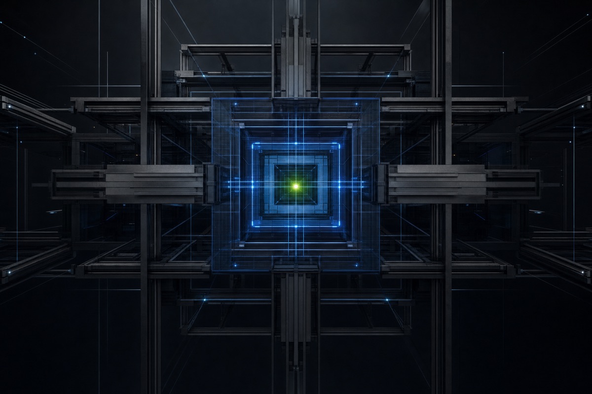 Architectural blue and lime engineering system artwork for LaForge